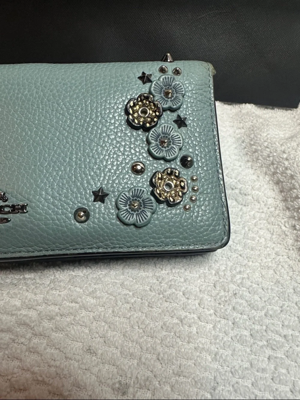 Coach Tea Rose Floral Studded Leather Wallet - Aqua Blue - Picture 3 of 16